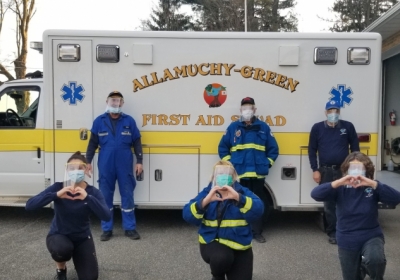 First Responders wearing face shields with holders produced by 3D printers at Centenary Stage Company.