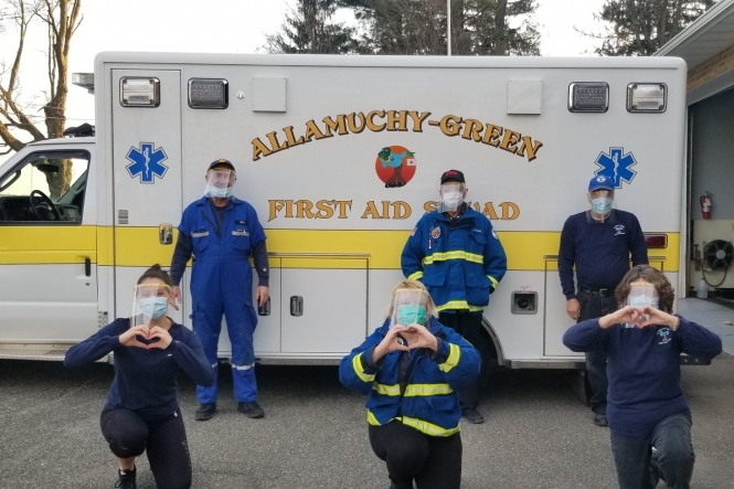 First Responders wearing face shields with holders produced by 3D printers at Centenary Stage Company.