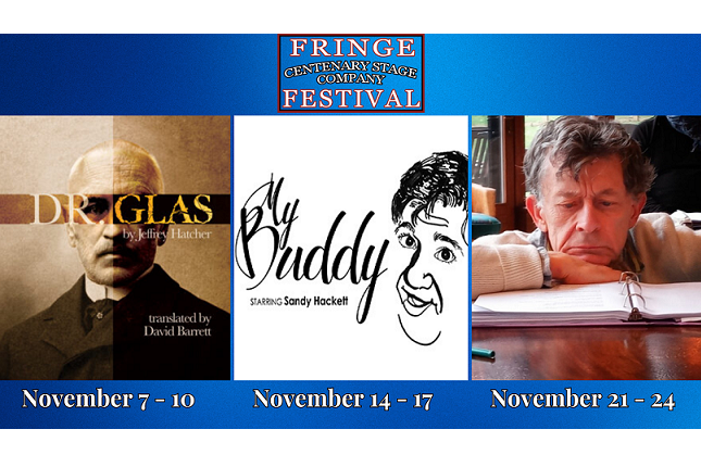 Fringe Festival graphic featuring Dr. Glas, My Buddy and Courage for Centenary Stage Company